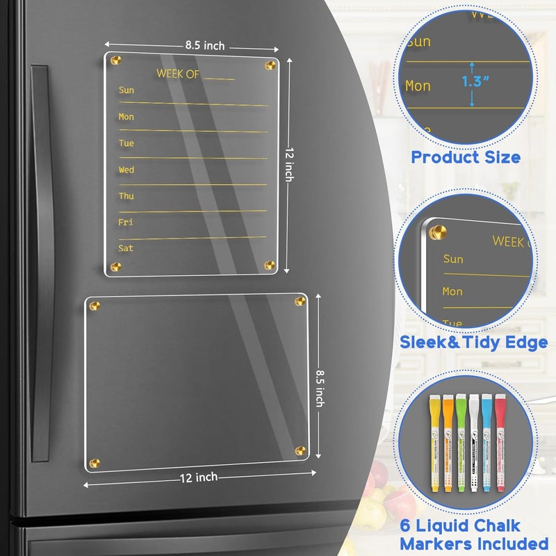 WALGLASS Acrylic Calendar for Fridge, 8.5"x11" Gold Weekly Clear Acrylic Magnetic Dry Erase Board for Refrigerator, Set of 2 Stronger-Magnetic Reusable Fridge Planner, Includes 8 Liquid Chalk Markers - Image 2